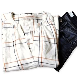 Loft soft white colored blouse with black and brown plaid stripes